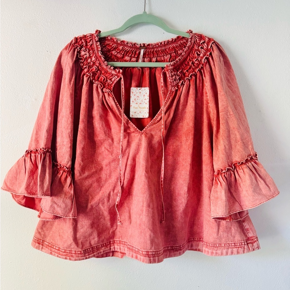 NWT Free People Ainsley Denim Top Smocked Bell Sleeve Blouse - Picture 10 of 12